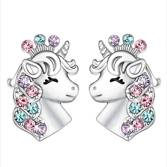 925 Sterling Silver Rhinestone Unicorn Stud‎ Earrings Girls Women - Picture 1 of 6
